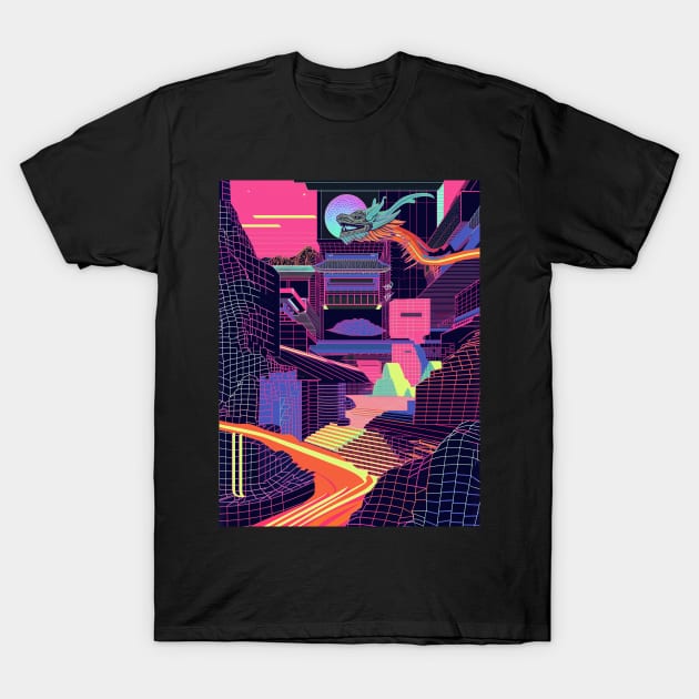 neon valley flight of the digital dragon T-Shirt by bulografik